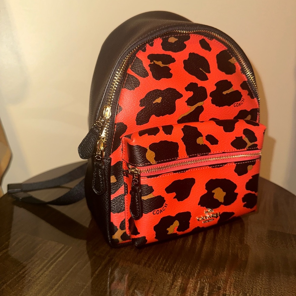 Coach Watermelon (Black and Orange) Leopard Print Mini Backpack